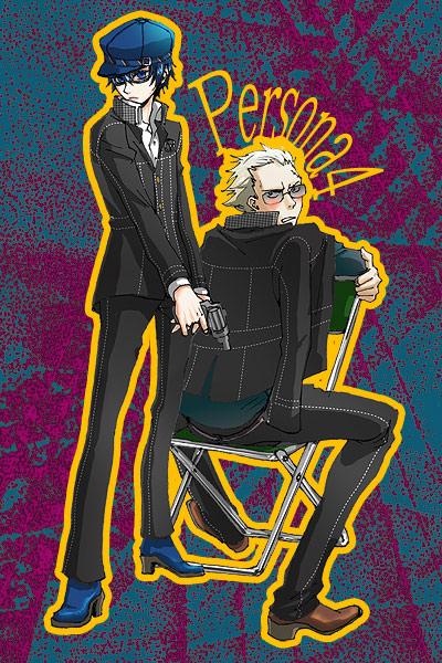 mz, shirogane naoto, tatsumi kanji, atlus, persona, persona 4, 1boy, 1girl, androgynous, blush, boots, chair, folding chair, glasses, gun, hat, newsboy cap, reverse trap, school uniform, weapon