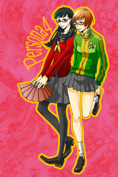 mz, amagi yukiko, satonaka chie, atlus, persona, persona 4, 2girls, female focus, folding fan, glasses, hand fan, houndstooth, jacket, lapel pin, multiple girls, pantyhose, school uniform, skirt, track jacket, walking