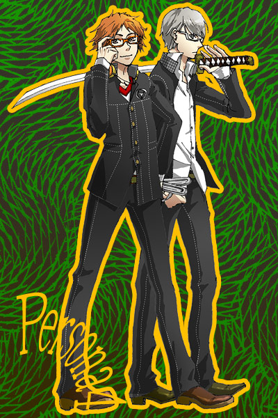 mz, hanamura yousuke, narukami yu, atlus, persona, persona 4, 2boys, boots, full body, glasses, katana, male focus, multiple boys, school uniform, sword, weapon