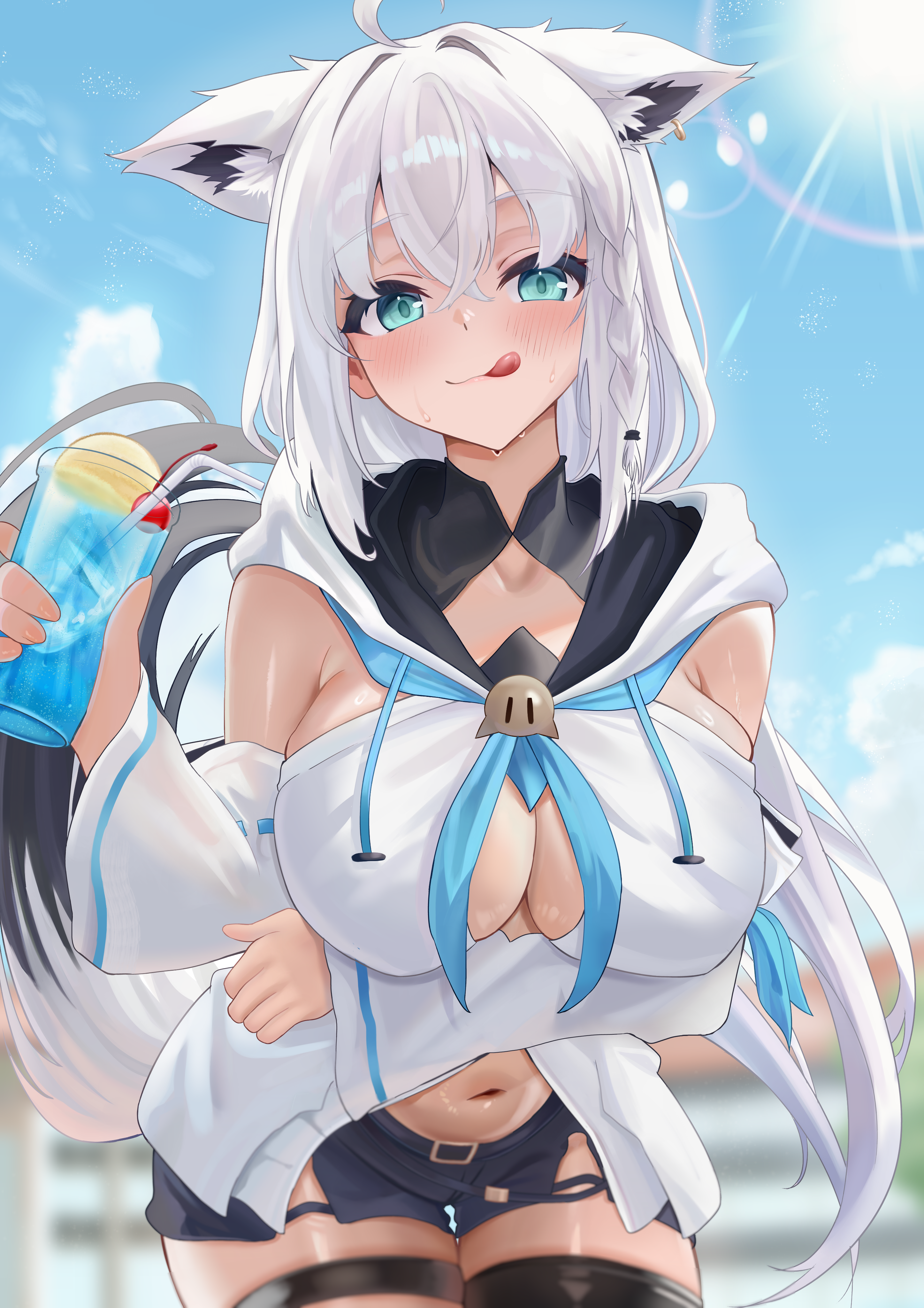 tks rkgk, shirakami fubuki, shirakami fubuki (1st costume), hololive, fluffy hair, absurdres, highres, 1girl, ahoge, animal ear fluff, animal ear piercing, animal ears, aqua eyes, bare shoulders, belt, blue sky, braid, breasts, cocktail, detached sleeves, drink, droopy ears, ear piercing, fox ears, fox girl, fox tail, hair between eyes, holding, holding drink, large breasts, licking lips, light blush, long hair, long sleeves, looking at viewer, navel, pantyhose, piercing, plump, pov, puffy sleeves, shorts, sky, sunlight, tail, thick thighs, thighs, tongue, tongue out, virtual youtuber, white hair