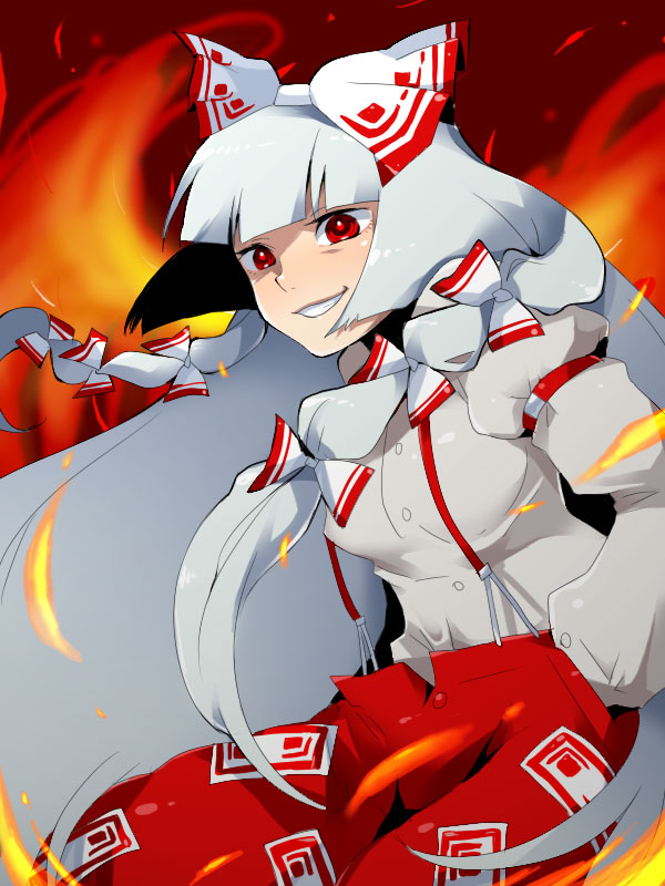 hattori masaki, fujiwara no mokou, touhou, bad id, bad pixiv id, 1girl, breasts, female focus, hair ribbon, hand in pocket, long hair, pants, red eyes, ribbon, solo, suspenders, white hair