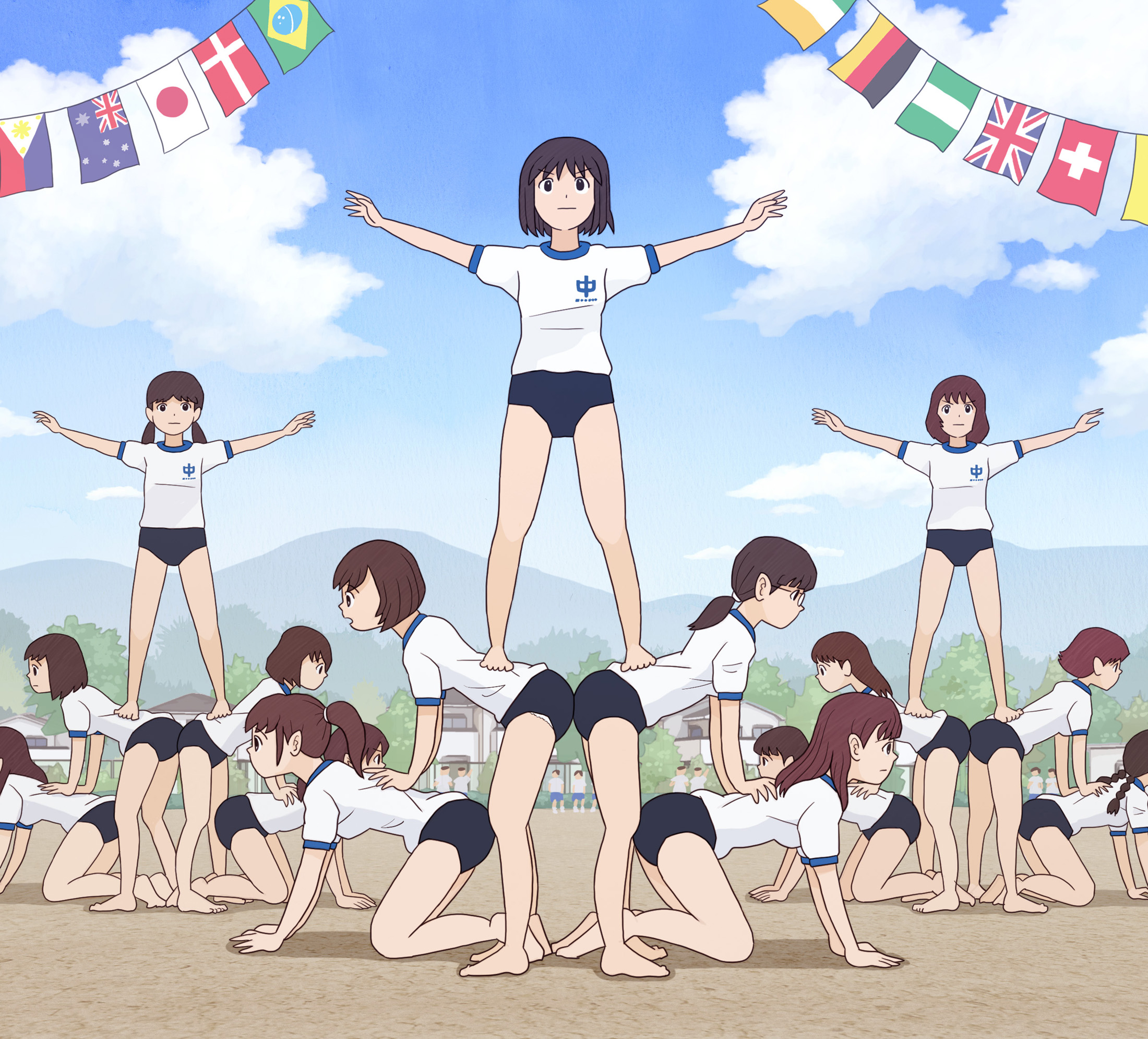 kiyo (kyokyo1220), original, 6+boys, 6+girls, all fours, australian flag, barefoot, black buruma, black eyes, black hair, blue shorts, braid, brazilian flag, breasts, building, buruma, cloud, danish flag, german flag, glasses, gym uniform, high ponytail, human pyramid, irish flag, japanese flag, long hair, low ponytail, low twintails, mountain, multiple boys, multiple girls, nigerian flag, open mouth, panties, panty peek, philippine flag, ponytail, shirt, short hair, short sleeves, shorts, sky, small breasts, standing, string of flags, swiss flag, tree, twin braids, twintails, underwear, union jack, white panties, white shirt