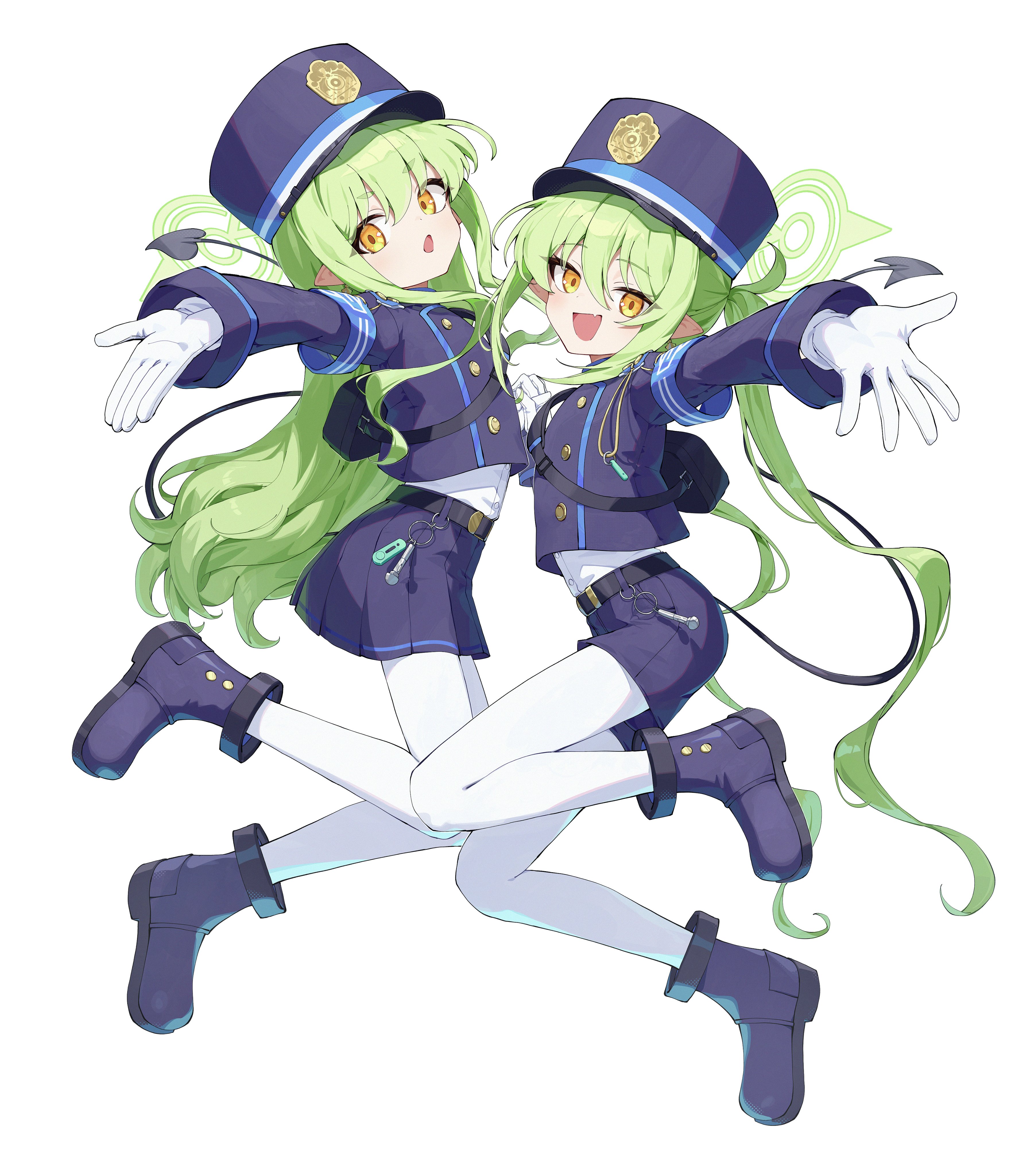 pellas (panix2383), hikari (blue archive), nozomi (blue archive), blue archive, absurdres, highres, 2girls, :d, :o, ankle boots, armband, bag, belt, black bag, black belt, blue boots, blue jacket, blue shorts, blue skirt, boots, bright pupils, buttons, charm (object), cropped jacket, demon tail, double-breasted, face-to-face, facing another, fang, full body, gloves, green hair, green halo, grin, halo, handbag, hat, jacket, jumping, long hair, long sleeves, looking at another, looking at viewer, midair, military hat, multiple girls, open mouth, pantyhose, pleated skirt, pointy ears, reaching, shorts, siblings, simple background, skin fang, skirt, smile, tail, twins, twintails, v-shaped eyebrows, white background, white pantyhose, white sleeves, yellow eyes