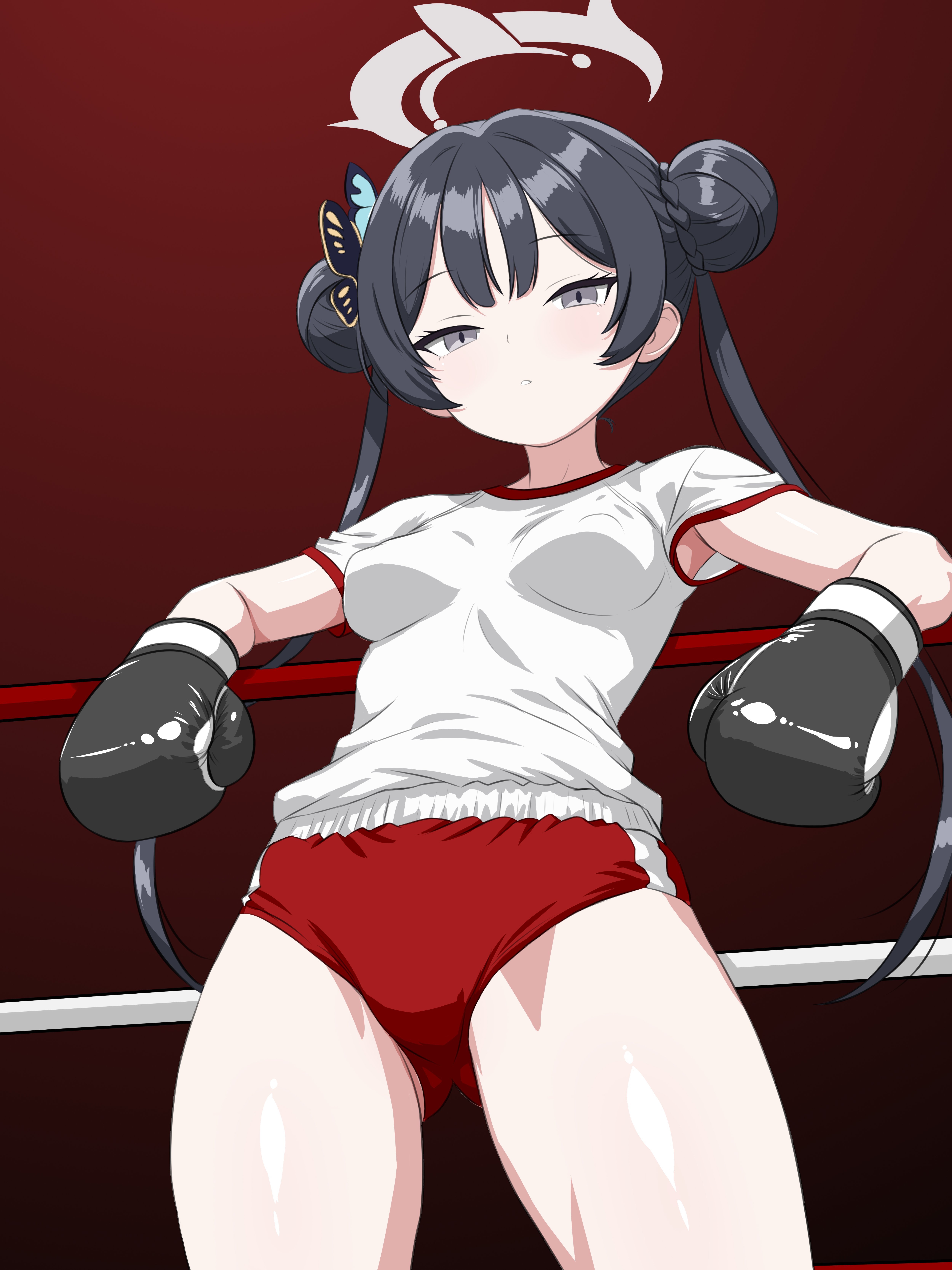 kasana, kisaki (blue archive), blue archive, absurdres, highres, 1girl, black eyes, black hair, boxing gloves, boxing ring, breasts, buruma, butterfly hair ornament, closed mouth, gluteal fold, hair ornament, halo, looking at viewer, looking down, medium hair, red background, red buruma, shirt, simple background, small breasts, solo, white halo, white shirt