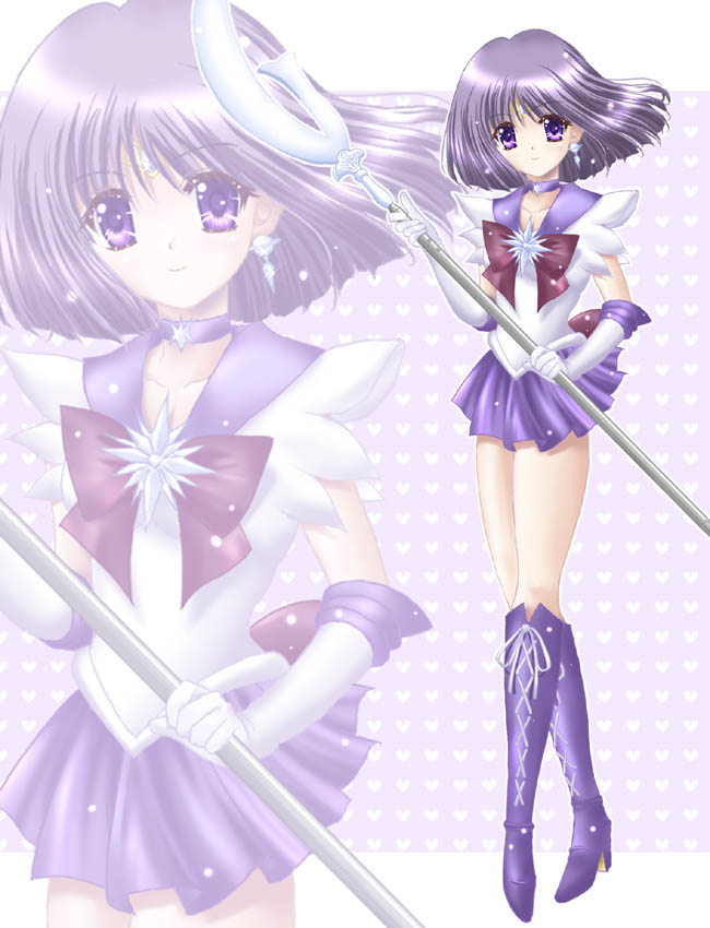 yukinyan, sailor saturn, tomoe hotaru, bishoujo senshi sailor moon, 1990s (style), 1girl, bob cut, boots, brooch, choker, earrings, elbow gloves, female focus, gloves, holding, holding polearm, holding spear, holding weapon, jewelry, knee boots, magical girl, polearm, purple boots, purple eyes, purple hair, purple skirt, retro artstyle, short hair, silence glaive, skirt, solo, spear, staff, star brooch, tiara, weapon, white gloves, zoom layer