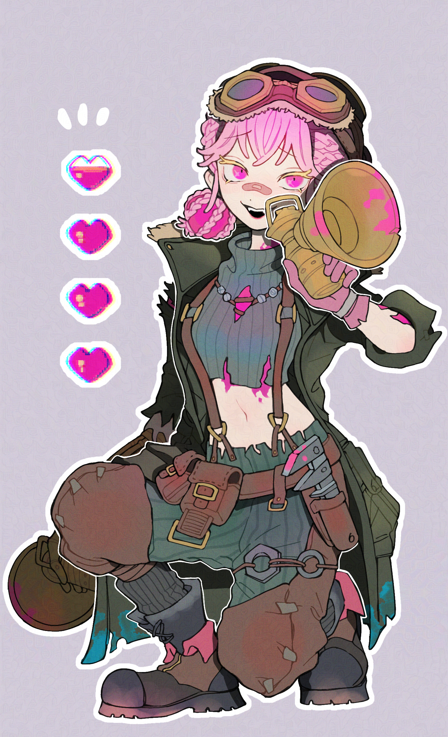 tsuntenponten, lily barriere, lily barriere (fluorite), identity v, absurdres, highres, 1girl, :d, bandaid, bandaid on face, bandaid on nose, brown pants, coat, crop top, fangs, fur-trimmed coat, fur trim, gem, gloves, green coat, green pants, jewelry, looking at viewer, necklace, open mouth, pants, pink eyes, pink gemstone, pink gloves, pink hair, red lips, short twintails, smile, squatting, suspenders, torn clothes, twintails, wrench