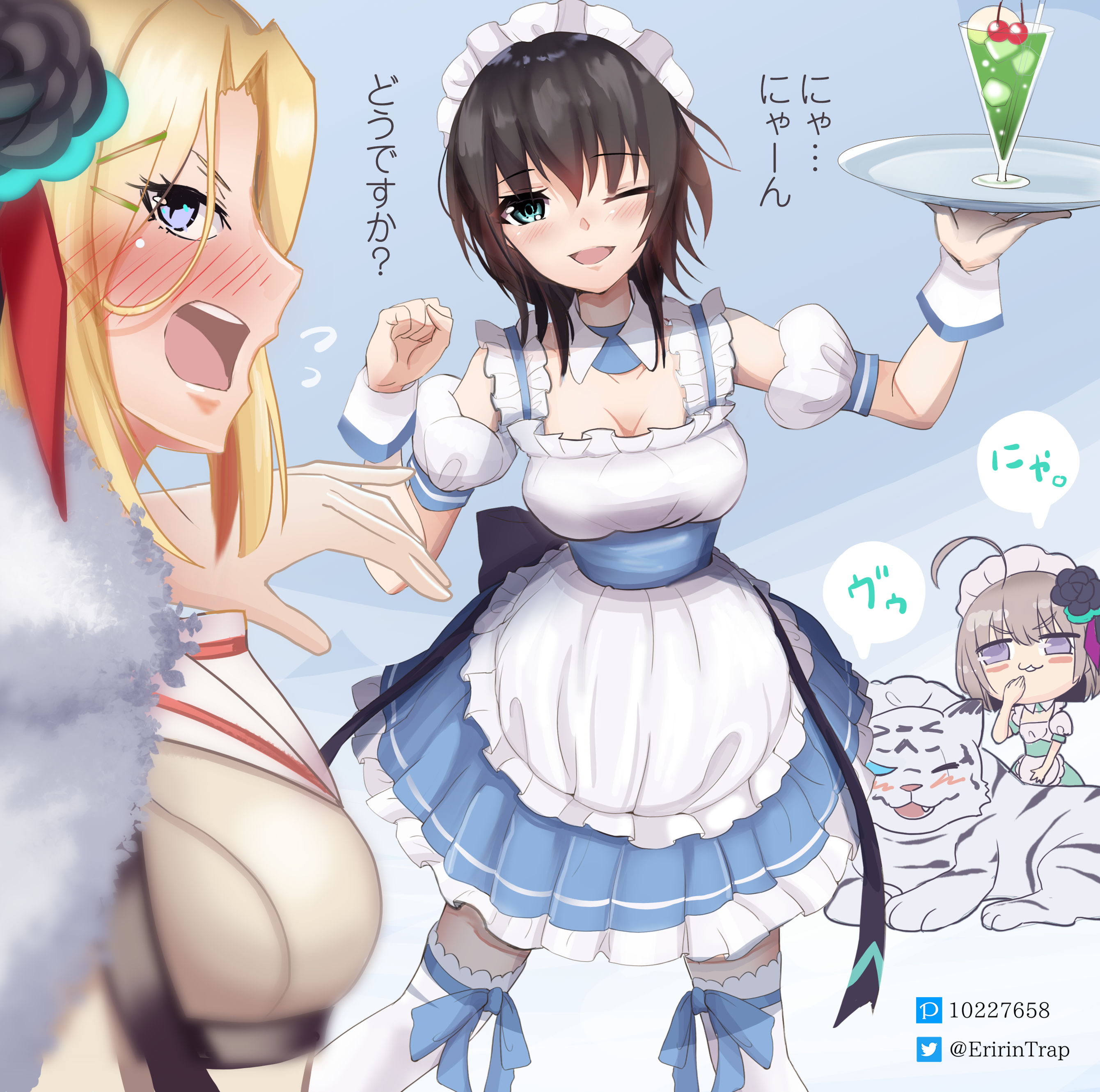 eririntrap, aoi erika, byakko (heaven burns red), minase ichigo, minase sumomo, heaven burns red, absurdres, highres, 1other, 3girls, :3, ;d, ahoge, alternate costume, apron, aqua eyes, black flower, black hair, black rose, blonde hair, blue dress, blue eyes, blue skirt, blush, breasts, brown hair, cherry, chibi, cleavage, clenched hand, collarbone, cup, detached collar, detached sleeves, dress, drink, drinking glass, enmaided, flower, flying sweatdrops, food, frilled apron, frills, fruit, fur collar, fur trim, green eyes, grey hair, hair between eyes, hair flower, hair ornament, headdress, holding, holding tray, large breasts, long hair, looking at viewer, maid, maid apron, maid headdress, medium breasts, medium hair, multiple girls, official alternate costume, one eye closed, open mouth, puffy detached sleeves, puffy short sleeves, puffy sleeves, purple eyes, rose, short hair, short sleeves, skirt, smile, smug, standing, thighhighs, tiger, tray, waist apron, waitress, white apron, white tiger, wrist cuffs, zettai ryouiki