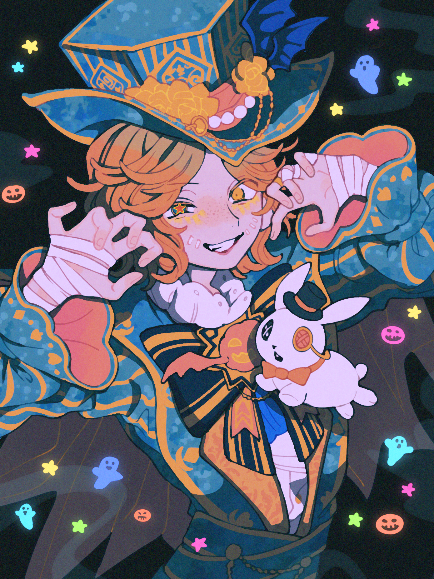 tsuntenponten, mike morton, mike morton (tea party), identity v, highres, bandaged hand, bandages, black bow, blue hat, blue jacket, bow, claw pose, freckles, frilled shirt collar, frills, grin, hat, jacket, looking at viewer, male focus, mismatched pupils, orange hair, rabbit, smile, star-shaped pupils, star (symbol), striped bow, symbol-shaped pupils, top hat, wide sleeves, wing hat ornament