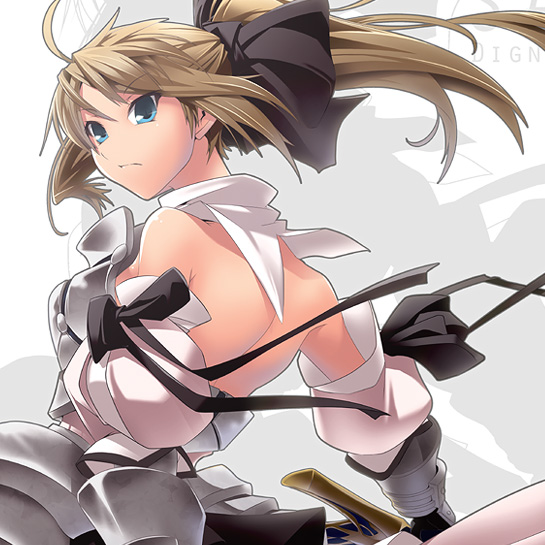 nilitsu, artoria pendragon (fate), saber (fate), saber lily, capcom, fate/stay night, fate/unlimited codes, fate (series), 00s, 1girl, armor, armored dress, back, dress, female focus, solo