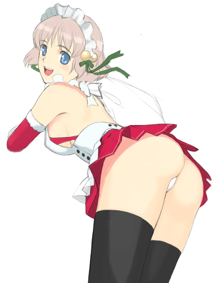 mibu natsuki, original, light purple hair, 1girl, ass, back, bag, bent over, blue eyes, breasts, christmas, covered erect nipples, elbow gloves, female focus, gloves, hairband, happy, looking back, maid, panties, pantyshot, red gloves, short hair, sideboob, simple background, skirt, solo, teeth, thighhighs, thong, underwear, upper teeth only, upskirt, white background, white panties