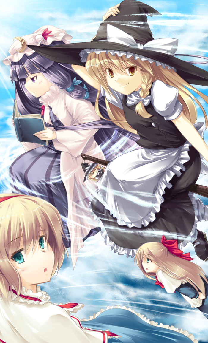 date hajime, alice margatroid, kirisame marisa, patchouli knowledge, touhou, 3girls, blonde hair, book, broom, broom riding, female focus, multiple girls, sidesaddle