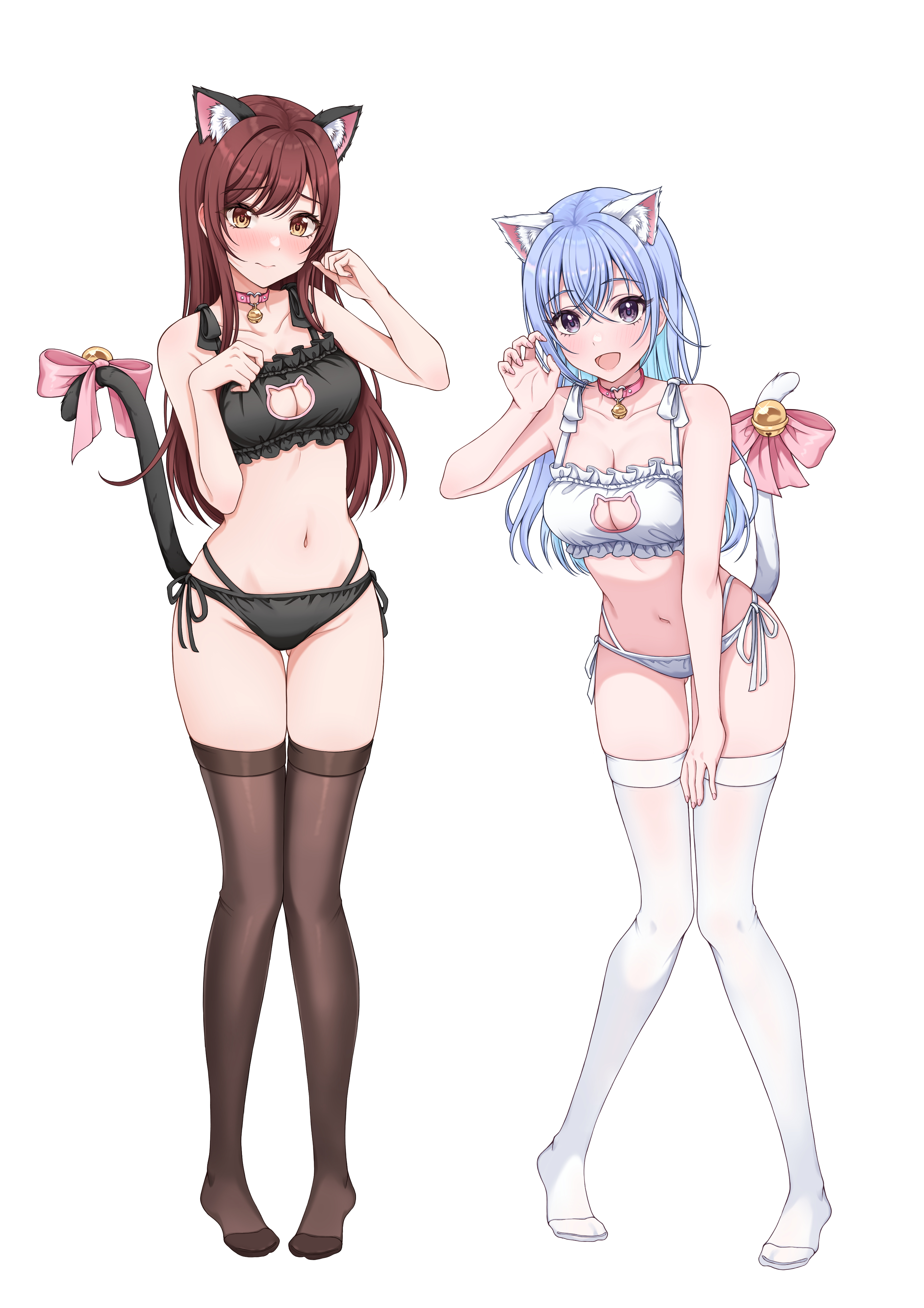 sulgi park, osaki amana, suzuki hana, idolmaster, idolmaster shiny colors, absurdres, highres, 2girls, animal cutout, animal ears, bare shoulders, bell, black bra, black panties, black thighhighs, blue hair, blush, bra, breasts, cat cutout, cat ears, cat lingerie, cat tail, choker, cleavage, cleavage cutout, closed mouth, clothing cutout, collarbone, crossed bangs, embarrassed, frilled bra, frills, hair between eyes, jingle bell, long hair, looking at viewer, medium breasts, multiple girls, navel, neck bell, no shoes, open mouth, panties, paw pose, purple eyes, red hair, ribbon, side-tie panties, smile, standing, straight hair, swept bangs, tail, tail ornament, tail ribbon, thighhighs, underwear, underwear only, white bra, white panties, white thighhighs, yellow eyes