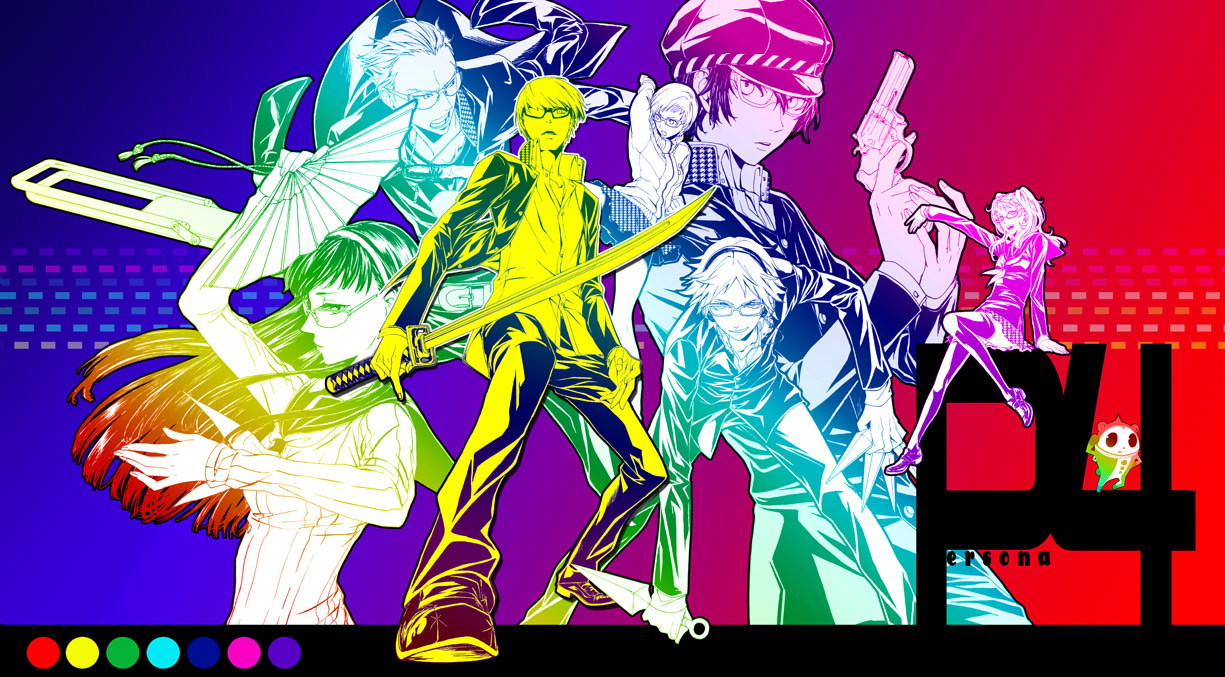 mz, amagi yukiko, hanamura yousuke, kujikawa rise, kuma (persona 4), narukami yu, satonaka chie, shirogane naoto, tatsumi kanji, atlus, persona, persona 4, 3boys, 4girls, chair, colorful, everyone, glasses, gun, hand fan, hat, katana, kunai, multiple boys, multiple girls, newsboy cap, sword, weapon