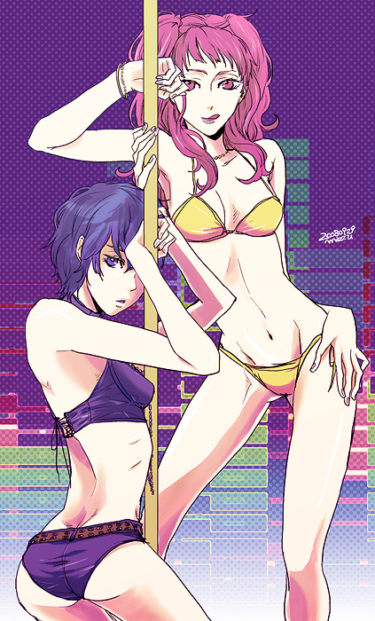 mz, kujikawa rise, shirogane naoto, atlus, persona, persona 4, 2girls, ass, belt, bikini, blue hair, breasts, cleavage, multiple girls, pink hair, pole, pole dancing, short hair, string bikini, stripper, stripper pole, swimsuit, twintails