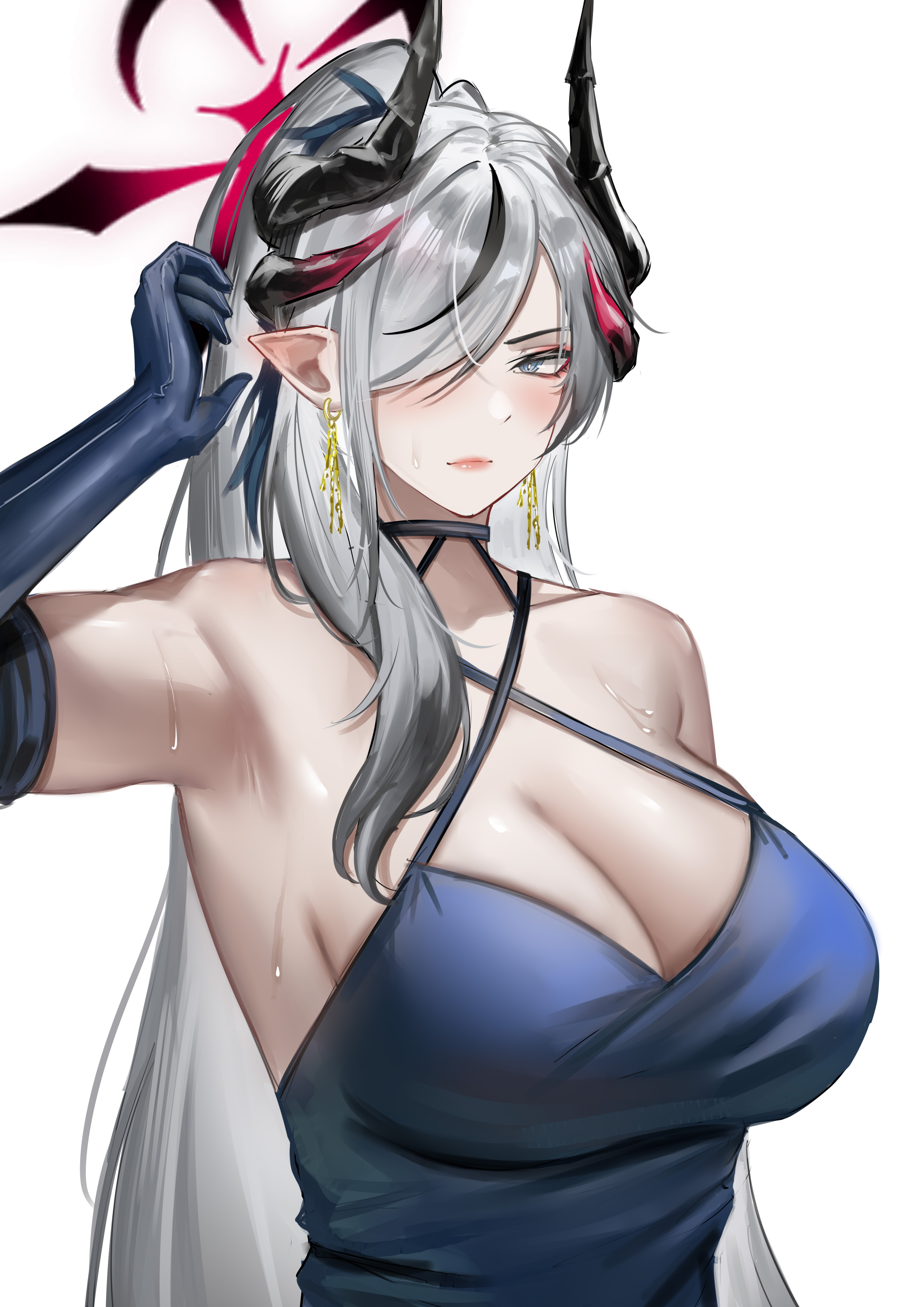 erlisa takanashi, makoto (blue archive), blue archive, absurdres, highres, 1girl, alternate breast size (larger), black horns, blue dress, blue eyes, blue gloves, breasts, cleavage, closed mouth, collarbone, demon horns, dress, earrings, elbow gloves, gloves, grey hair, hair over one eye, halo, halterneck, horns, jewelry, large breasts, legs, long hair, looking at viewer, multiple horns, official alternate costume, pointy ears, red halo, simple background, sleeveless, sleeveless dress, solo, white background