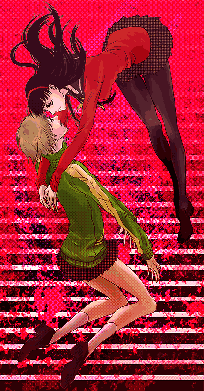 mz, amagi yukiko, satonaka chie, atlus, persona, persona 4, 2girls, black hair, brown hair, legs, multiple girls, pantyhose, skirt, yuri