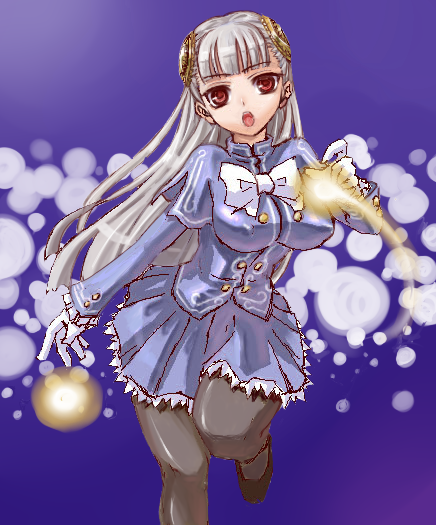 nururyun, ingrid (capcom), capcom, capcom fighting jam, 1girl, breasts, bun cover, double bun, dress, female focus, gloves, hairpods, long hair, oekaki, pantyhose, red eyes, ribbon, skirt, solo, white hair