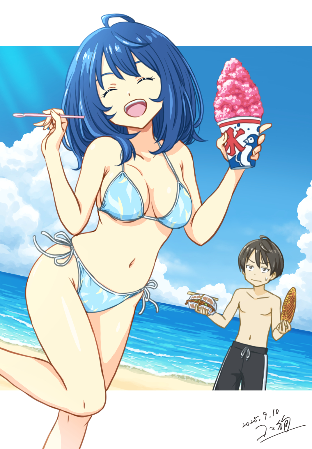 koma inu (komainu mainu), nukumizu kazuhiko, yanami anna, make heroine ga oo sugiru!, highres, 1boy, 1girl, :d, ^ ^, ahoge, beach, bikini, black eyes, black hair, black swim trunks, blue bikini, blue hair, breasts, closed eyes, cloud, corn, dated, day, food, holding, holding food, looking at another, male swimwear, medium breasts, medium hair, navel, open mouth, outdoors, shaved ice, smile, stomach, swim trunks, swimsuit, thighs