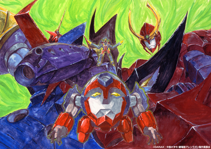 chouginga gurren-lagann, gurren-lagann, lagann, tengen toppa gurren-lagann (mecha), tengen toppa gurren lagann, top wo nerae!, top wo nerae! (series), 00s, crossed arms, disembodied hand, floating, from below, gainaxtop, green background, gunbuster pose, horns, looking at viewer, looking down, mecha, no humans, robot, simple background, single horn, size difference, super robot, yellow eyes