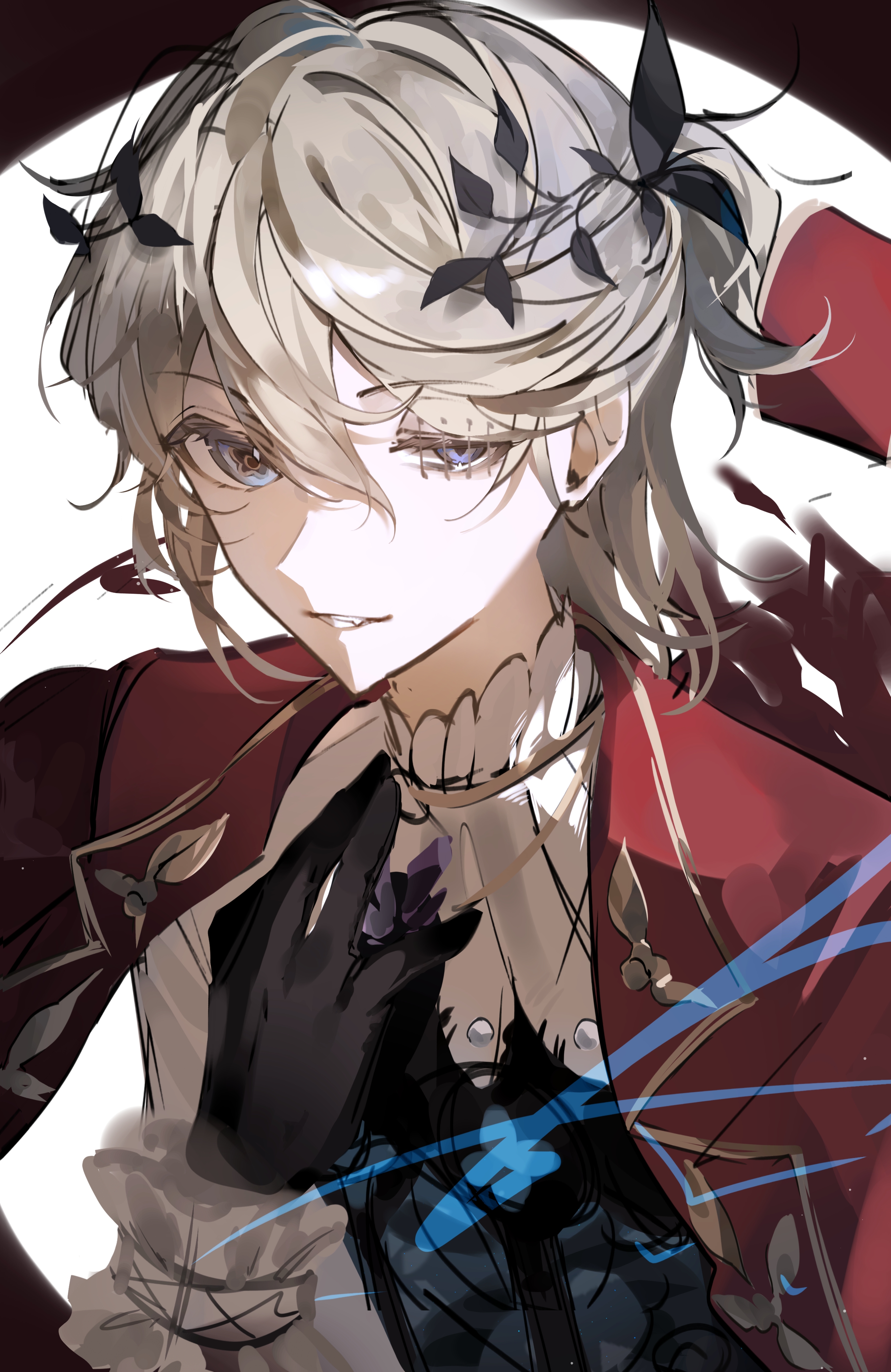 luca balsa, luca balsa (fugue for dawn), identity v, absurdres, highres, 1boy, androgynous, black gloves, blonde hair, blue eyes, fang, gloves, half-closed eye, half updo, high collar, jacket, laurel crown, looking at viewer, male focus, masshurmu39, ponytail, red jacket, short ponytail, stitched eye