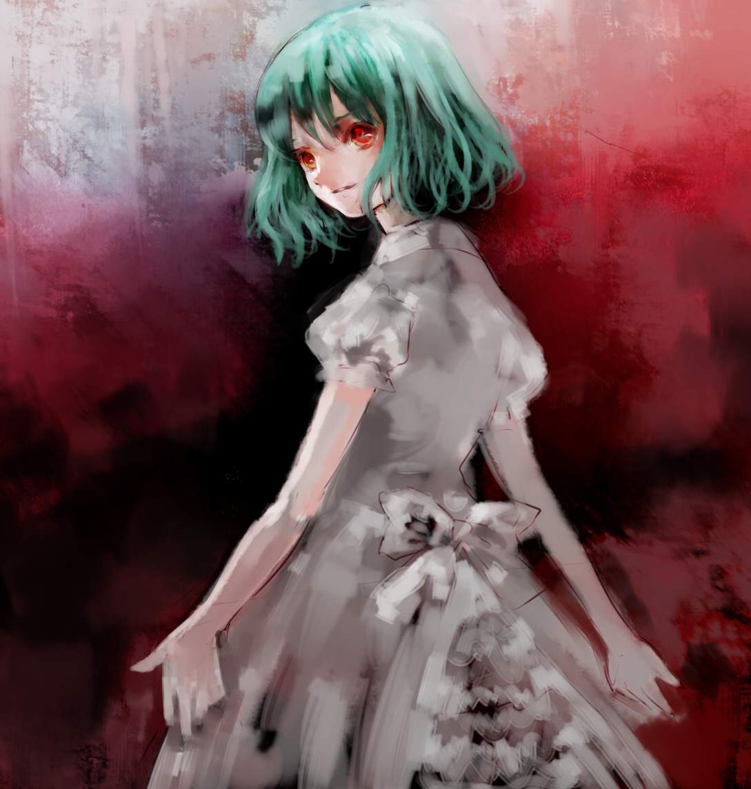 fukahire (ruinon), original, bad id, bad pixiv id, tagme, dress, green hair, red eyes, short hair, solo