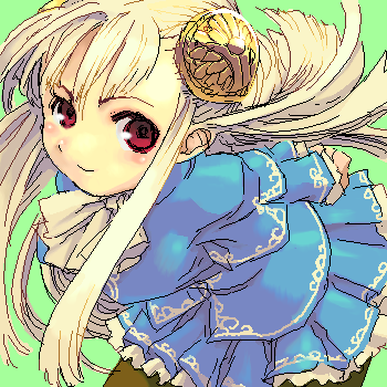 fbc, ingrid (capcom), capcom, capcom fighting jam, lowres, 1girl, blonde hair, blush, bun cover, double bun, dress, female focus, hair bun, hairpods, long hair, oekaki, pantyhose, red eyes, ribbon, simple background, skirt, solo
