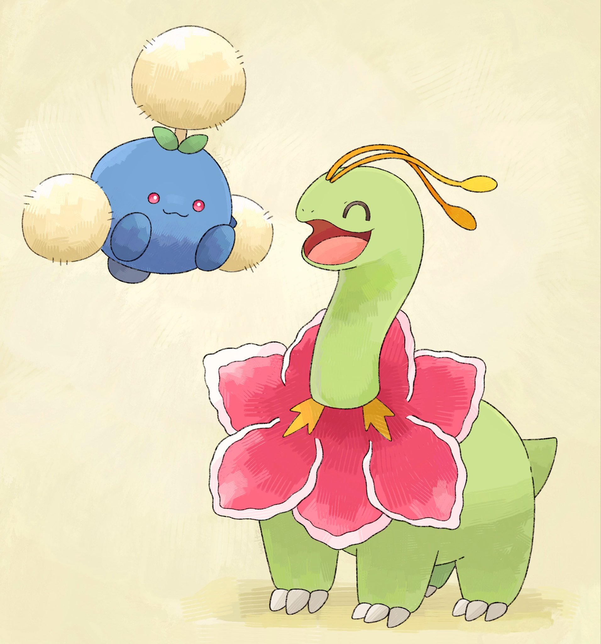 waltz (wal w wal), jumpluff, meganium, nintendo, pokemon, highres, :3, antennae, closed eyes, closed mouth, flower, full body, gen 2 pokemon, no humans, open mouth, pokemon (creature), pokemon focus, red eyes, simple background, smile, tail