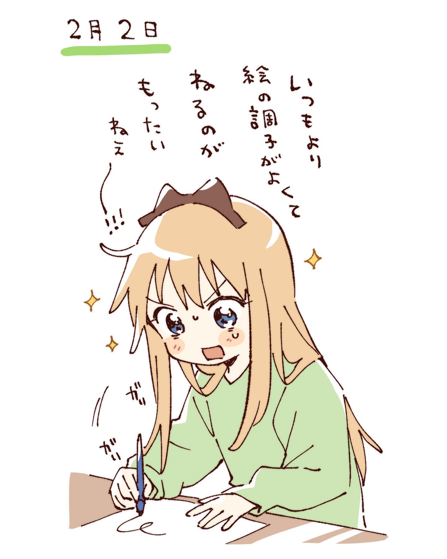 namori, toshinou kyouko, yuruyuri, hashtag-only commentary, highres, translation request, 1girl, blonde hair, blush stickers, bow, brown bow, drawing (action), green shirt, hair bow, holding, holding pencil, long hair, long sleeves, open mouth, pencil, shirt, simple background, solo, sparkle, sweat, upper body, v-shaped eyebrows, white background