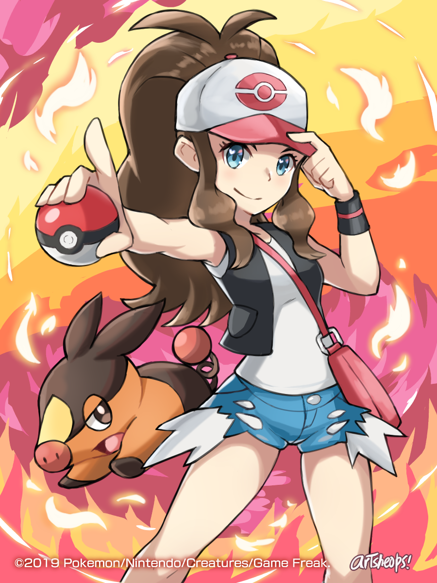 artsheops, hilda (pokemon), tepig, nintendo, pokemon, pokemon bw, highres, 1girl, bag, baseball cap, black vest, blue eyes, blue shorts, breasts, brown hair, closed mouth, cowboy shot, denim, denim shorts, fire, gen 5 pokemon, hand on headwear, handbag, hat, high ponytail, holding, holding poke ball, index finger raised, long hair, outstretched arm, poke ball, poke ball (basic), pokemon (creature), ponytail, short shorts, shorts, sidelocks, small breasts, smile, tank top, thighs, very long hair, vest, white tank top, wide ponytail, wristband