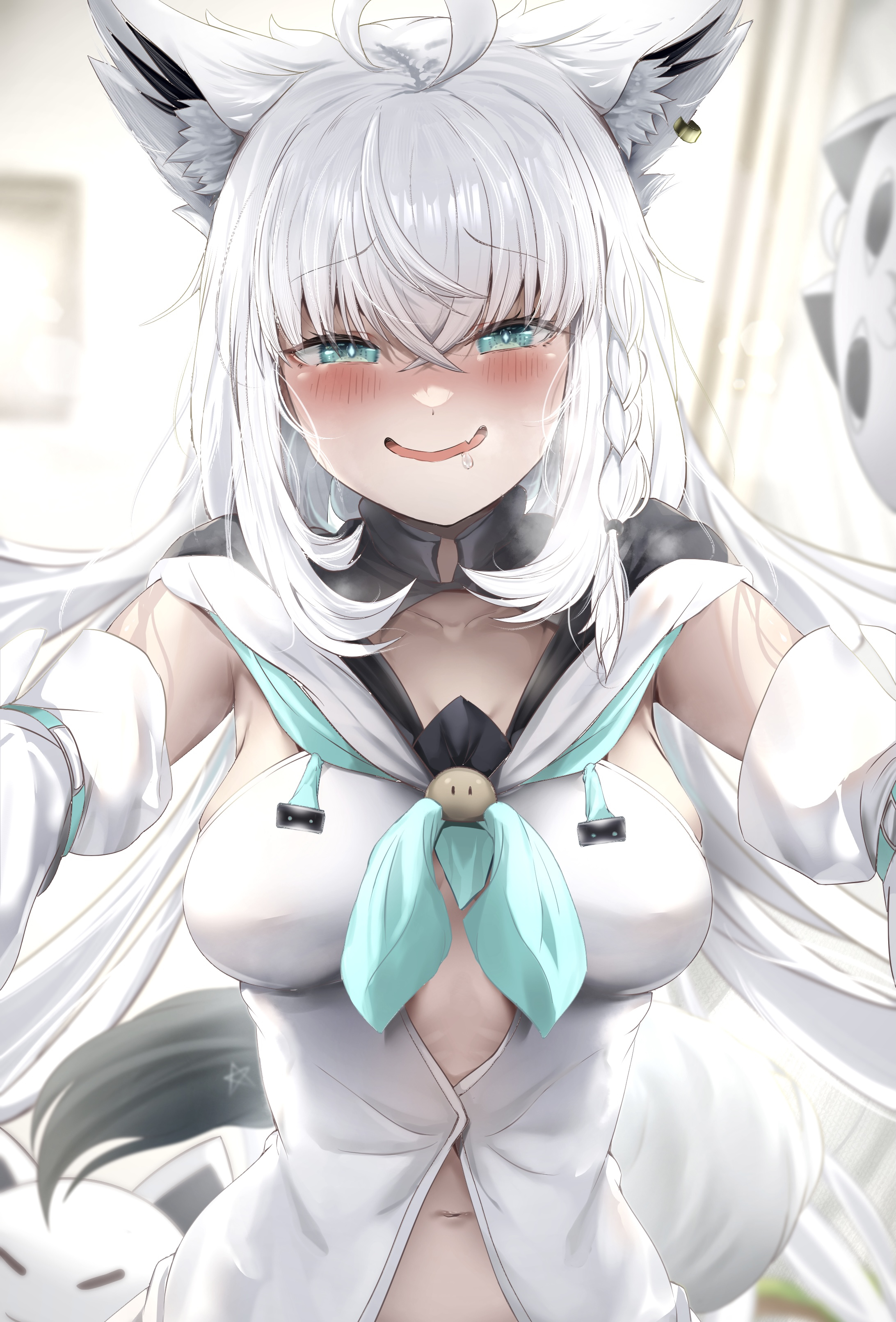rimamo, miteiru (shirakami fubuki), shirakami fubuki, shirakami fubuki (1st costume), hololive, absurdres, highres, 1girl, ahoge, animal ear fluff, animal ears, aqua eyes, blush, braid, breasts, detached sleeves, drooling, fang, fox ears, fox girl, fox tail, hair between eyes, kabedon, kabedon on viewer, large breasts, looking at viewer, navel, open clothes, open mouth, pov, ribbon, tail, virtual youtuber, white hair