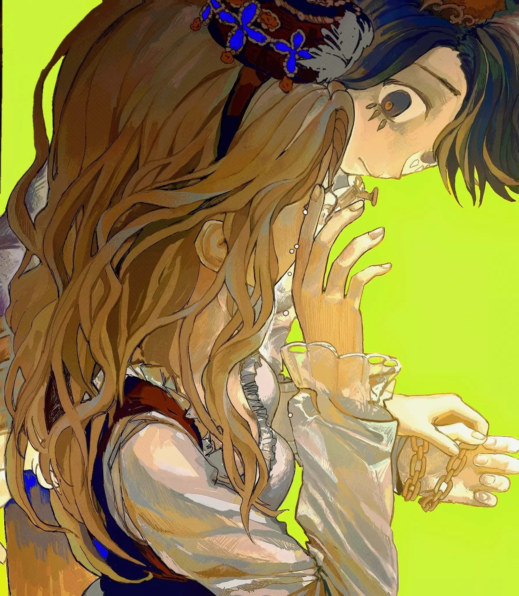 ada mesmer, ada mesmer (layla), emil (identity v), identity v, highres, 1boy, 1girl, black eyes, black hair, breasts, brown hair, chain, cleavage, emil (majnun) (identity v), frilled sleeves, frills, green background, hair intakes, hairband, hat, holding hands, long hair, looking at another, lower eyelashes only, red hairband, red hat, red vest, see-through clothes, see-through sleeves, shirt, user zhdc7874, vest, wavy hair, white shirt