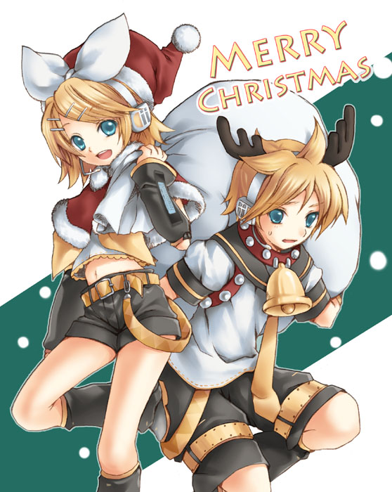 umitsuki kouna, kagamine len, kagamine rin, vocaloid, 1boy, 1girl, bell, brother and sister, christmas, hat, merry christmas, santa hat, siblings, twins