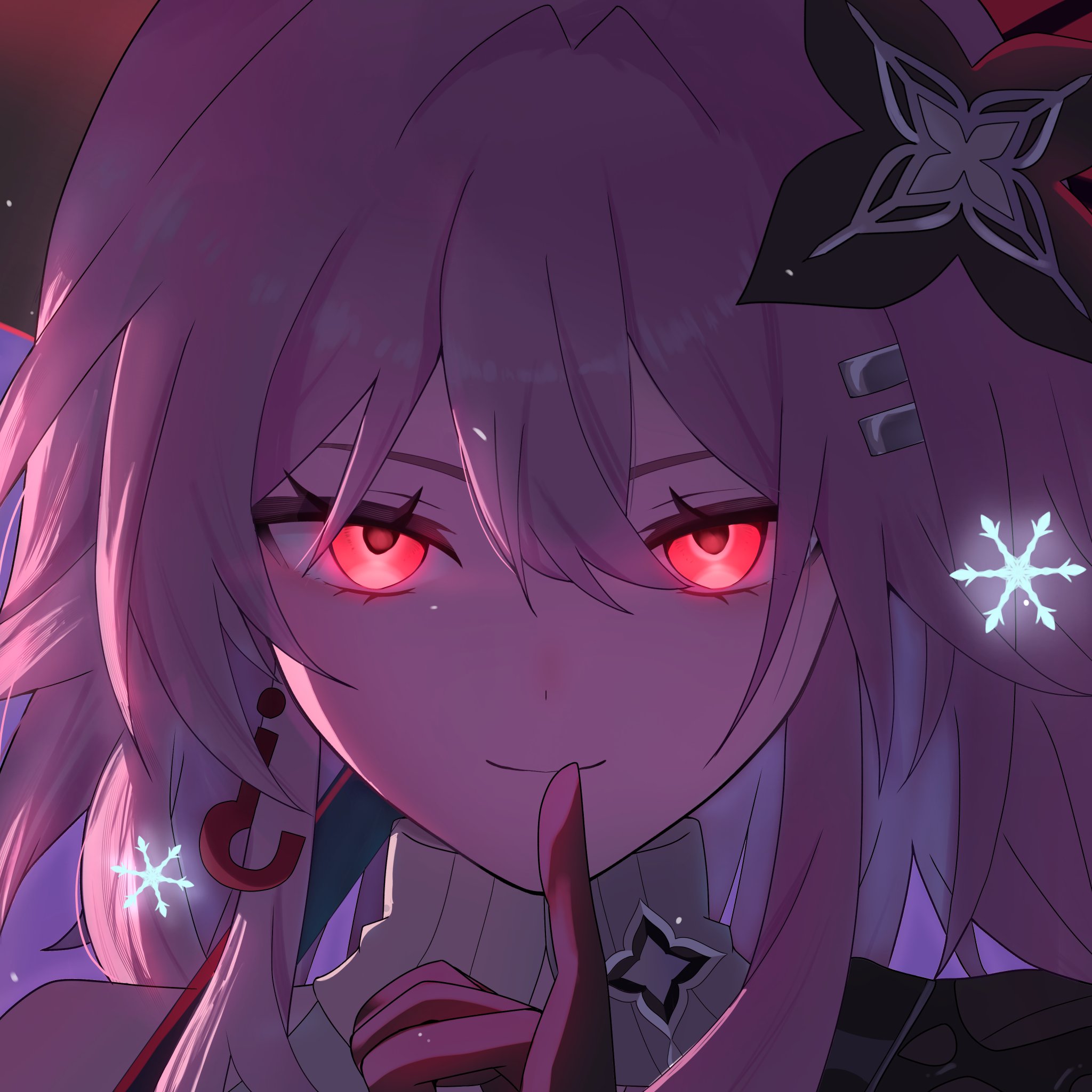 evernight (honkai: star rail), march 7th (honkai: star rail), honkai: star rail, honkai (series), highres, 1girl, black flower, closed mouth, earrings, finger to mouth, flower, glowing, glowing eyes, hair between eyes, hair flower, hair intakes, hair ornament, hairclip, jewelry, looking at viewer, medium hair, nemui 02190, parallel hairclips, pink hair, portrait, red eyes, sidelocks, single earring, smile, snowflakes, solo, turtleneck