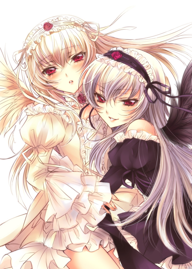 mizunomoto, suigintou, rozen maiden, silver hair, bad id, bad pixiv id, 00s, 2girls, black wings, blush, bow, dress, dual persona, frills, hairband, light persona, lolita fashion, lolita hairband, long hair, looking at viewer, multiple girls, open mouth, puffy sleeves, red eyes, smile, wings