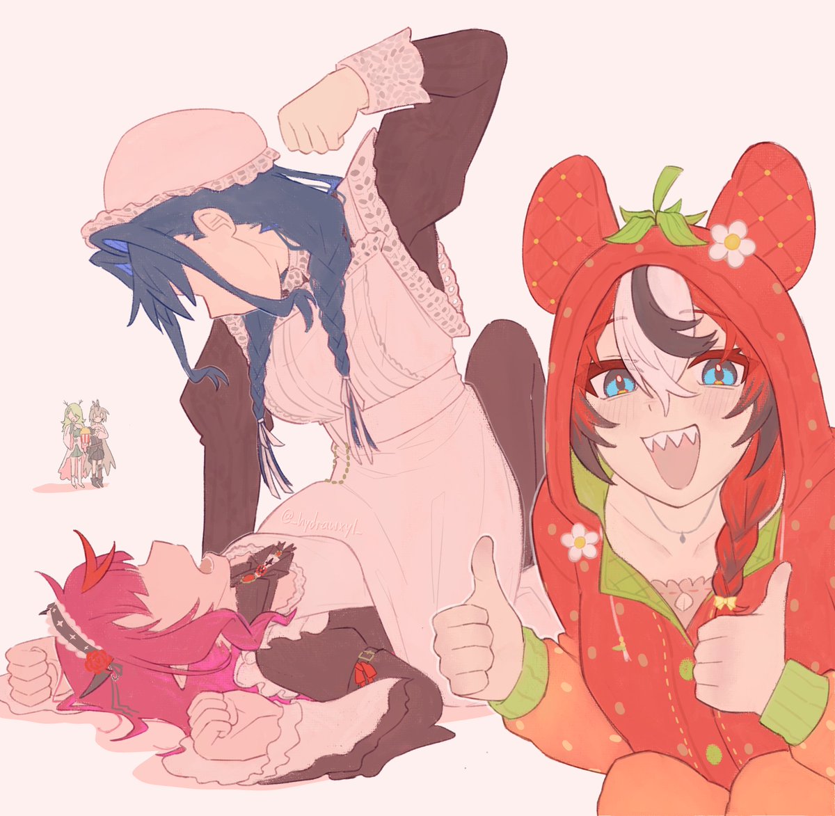 ceres fauna, ceres fauna (1st costume), hakos baelz, hakos baelz (strawberry onesie), irys (hololive), irys (maid) (hololive), nanashi mumei, nanashi mumei (1st costume), ouro kronii, ouro kronii (maid), hololive, hololive english, holopromise, 5girls, ahoge, animal ears, blue eyes, blue hair, brown hair, feather hair ornament, feathers, fighting, flower, food, green hair, hair flower, hair ornament, hood, horns, hydroxyl, jewelry, long hair, maid, multicolored hair, multiple girls, necklace, pointy ears, popcorn, red hair, sharp teeth, strawberry costume, streaked hair, teeth, thumbs up, virtual youtuber