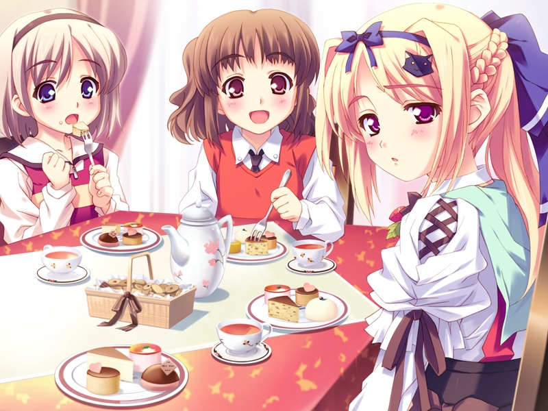 kusukusu, christof clement, lulli, ruriko, sakura strasse, game cg, non-web source, 2girls, 3girls, blonde hair, blue eyes, brown eyes, brown hair, cake, cat hair ornament, food, hair ornament, long hair, multiple girls, pastry, purple eyes, short hair, tea, tea set, trap