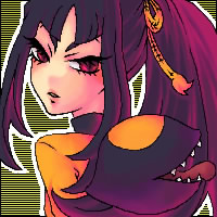 mawile, nintendo, pokemon, lowres, 1girl, black hair, costume, fangs, female focus, gen 3 pokemon, personification, ponytail, red eyes, solo, tongue