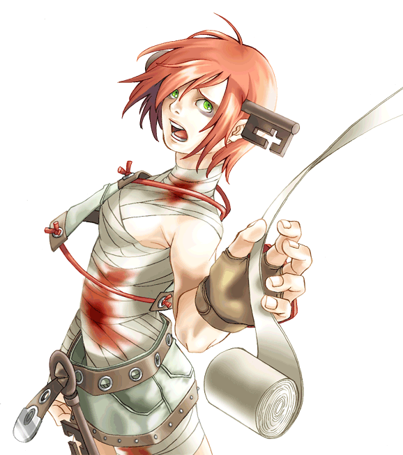 a.b.a, arc system works, guilty gear, bandages, belt, blood, breasts, key, open mouth, screaming