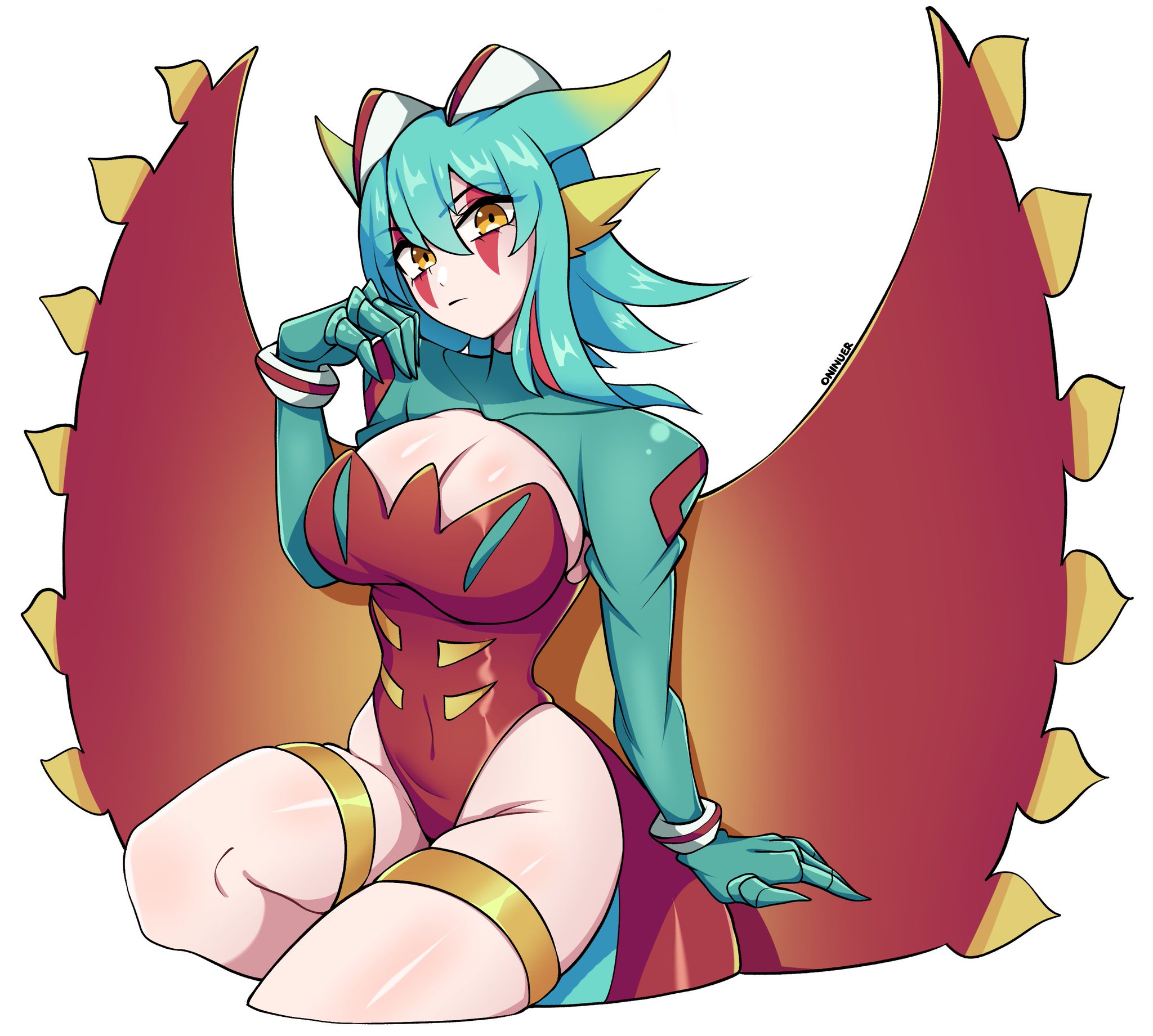 oninuer, original, commentary, commission, english commentary, highres, 1girl, aqua shrug, arm support, artist name, blue hair, breasts, cleavage, closed mouth, cropped legs, double-parted bangs, dragon girl, dragon wings, facial mark, gold thighlet, groin, hair between eyes, hand up, highleg, highleg leotard, jewelry, large breasts, leotard, looking at viewer, medium hair, oversized wings, red leotard, shrug (clothing), simple background, sitting, solo, strapless, strapless leotard, thighlet, white background, wings, yellow eyes