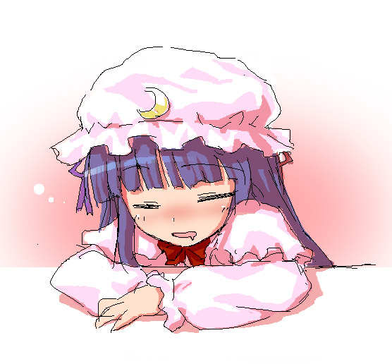 47agdragon, patchouli knowledge, touhou, 1girl, arm support, blunt bangs, blush, crescent, crescent hat ornament, drooling, female focus, hat, hat ornament, long hair, oekaki, purple hair, saliva, sleeping, solo, upper body
