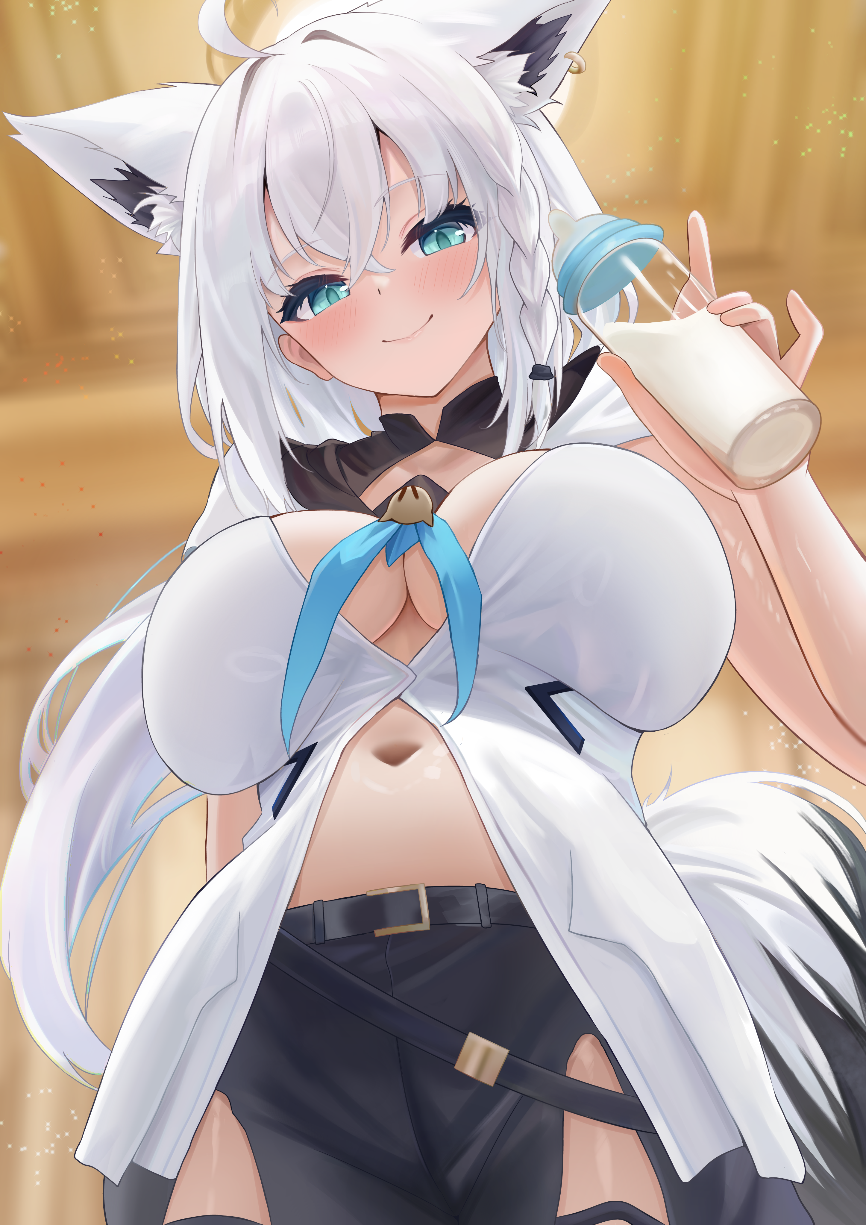 tks rkgk, shirakami fubuki, shirakami fubuki (1st costume), hololive, absurdres, highres, 1girl, ahoge, animal ear fluff, animal ear piercing, animal ears, aqua eyes, baby bottle, belt, bottle, braid, breasts, ear piercing, extra ears, fox ears, fox girl, fox tail, hair between eyes, holding, large breasts, long hair, looking at viewer, midriff, milk, milk bottle, navel, open clothes, piercing, plump, pov, smile, tail, white hair