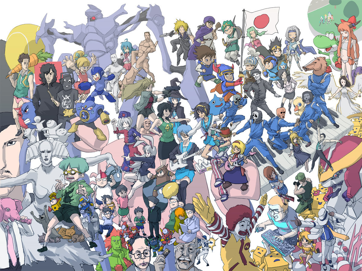 daromeon, air man, alice margatroid, angry german kid, bartz klauser, billy herrington, blanka, bubble man, cecil harvey, cloud strife, crash man, flash man, futami ami, hatsune miku, heat man, hero (dq1), hero (dq4), hero (dq5), ibuki suika, insector haga, izumi konata, kagamine len, kagamine rin, kaito (vocaloid), kamio misuzu, madlax (character), meiko (vocaloid), metal man, michael jackson, nagato yuki, onion knight, pikachu, prince of lorasia, quick man, reisen udongein inaba, roll (mega man), ronald mcdonald, roto (dq3), ryuuguu rena, slime (dragon quest), suzumiya haruhi, tina branford, tissue princess, tomitake jirou, ultraman, wood man, yabeno hikomaro, yagokoro eirin, yoshi, zearth, air (visual novel), aquarion (series), bokurano, capcom, chunsoft, dragon quest, dragon quest i, dragon quest ii, dragon quest iii, dragon quest iv, dragon quest v, enix, final fantasy, final fantasy iv, final fantasy tactics, final fantasy v, final fantasy vi, final fantasy vii, final fantasy vii advent children, higurashi no naku koro ni, idolmaster, idolmaster (classic), idolmaster 1, lucky star, madlax, mario (series), mcdonald's, mega man (classic), mega man (series), mega man 2, mojipittan, niconico, nintendo, omoide wa okkusenman!, pokemon, real life, satoxpika, smooth criminal, sousei no aquarion, square enix, street fighter, suzumiya haruhi no yuuutsu, touhou, ultra series, vocaloid, werther's original, yu-gi-oh!, yu-gi-oh! duel monsters, 1980s (style), annotated, annotation request, character request, making-of available, 00s, 1990s (style), 6+boys, 6+girls, android, arm cannon, blonde hair, blood, carrot, cleaver, clown, computer keyboard, computer mouse, cosmic & funny (idolmaster), crossover, epic, everyone, facepaint, flag, futari no mojipittan, gen 1 pokemon, glasses, guitar, hashitsuki nata, headphones, horns, horse mask, instrument, japanese flag, keyboard (instrument), mask, meme, multiple boys, multiple girls, nata (tool), neta, okkusenman, oldschool, panties, pokemon (creature), retro artstyle, robot, school uniform, serafuku, staff, sword, underwear, weapon, wotaken