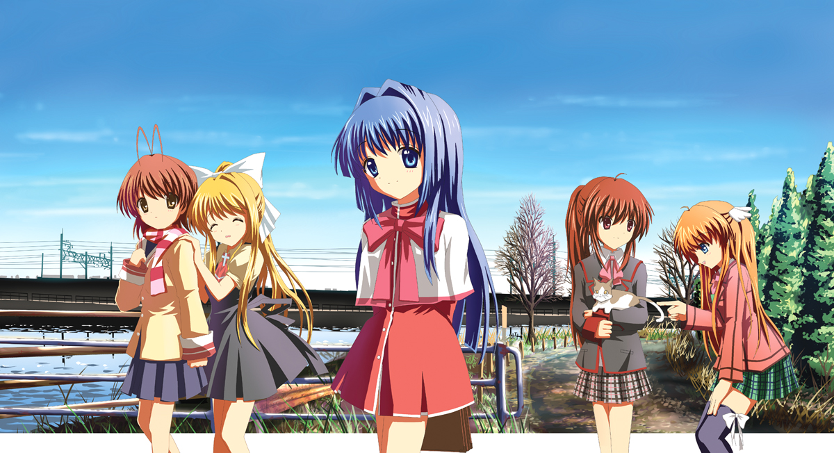 kuroi hitsuji, furukawa nagisa, kamio misuzu, minase nayuki, natsume rin, ootori chihaya, air (visual novel), clannad, kanon, key (company), little busters!, rewrite, bad id, bad pixiv id, 00s, 10s, 5girls, blonde hair, cat, company connection, crossover, multiple girls, red skirt, school uniform, skirt
