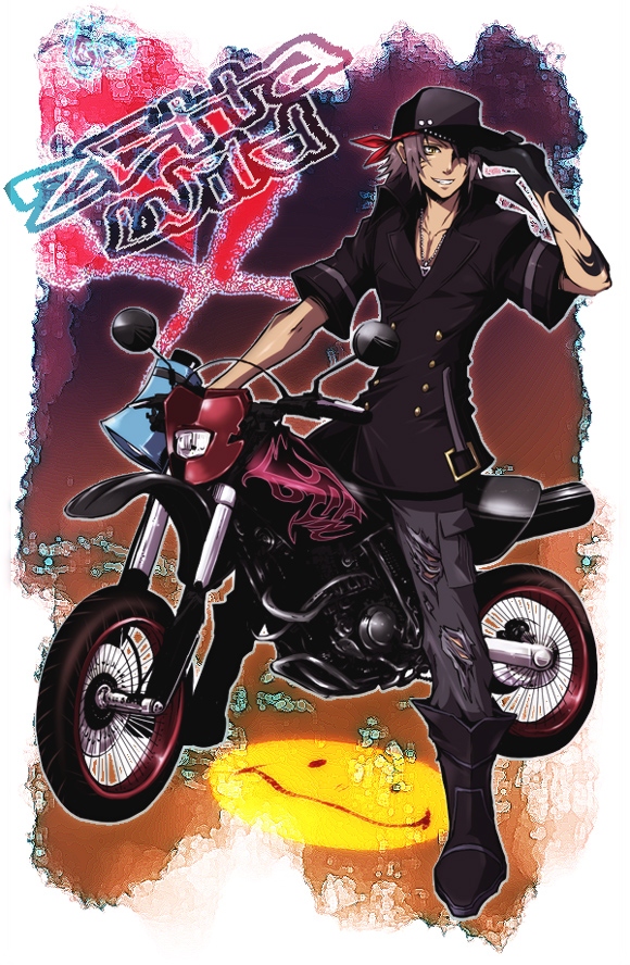 tore, minamimoto sho, subarashiki kono sekai, vehicle, 1boy, bandana, chain, coat, dark-skinned male, dark skin, graffiti, hat, male focus, megaphone, motor vehicle, motorcycle, smiley face, solo, tattoo, trench coat