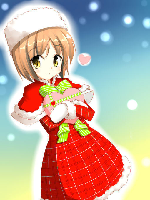 npon515, hagiwara yukiho, idolmaster, idolmaster (classic), 00s, 1girl, brown hair, christmas, female focus, gradient background, outdoors, solo, yellow eyes