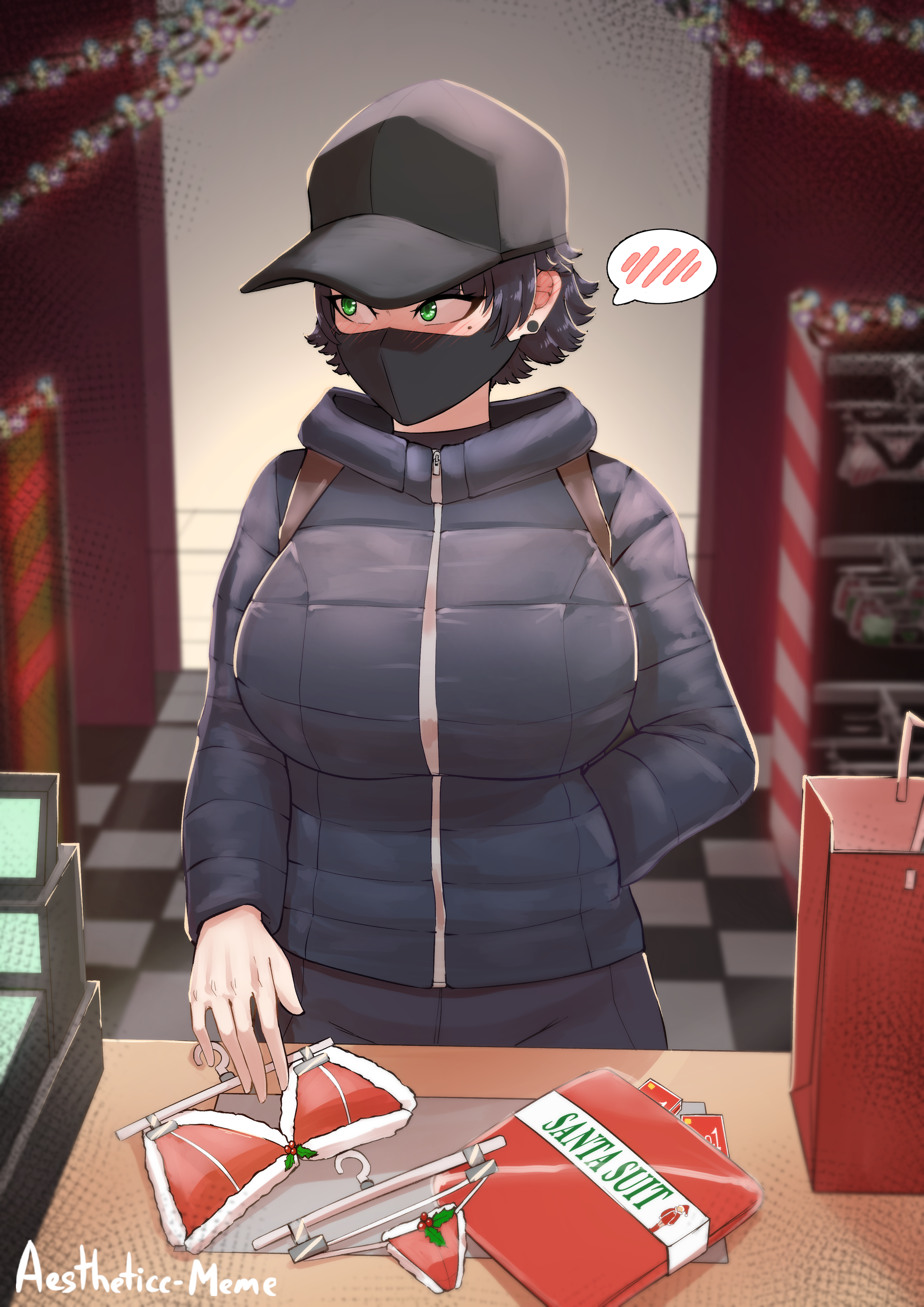 aestheticc-meme, alex (aestheticc-meme), original, absurdres, highres, 1girl, bag, baseball cap, bikini, black hair, black jacket, blush, breasts, buying condoms, cash register, christmas, clothes hanger, condom box, counter, ear piercing, facing viewer, green eyes, hand in pocket, hat, hood, hooded jacket, huge breasts, jacket, looking to the side, mask, mole, mole under eye, mouth mask, okamoto condoms, piercing, santa bikini, santa costume, shop, shopping, shopping bag, short hair, shy, solo, spoken blush, swimsuit, unworn bikini, very short hair