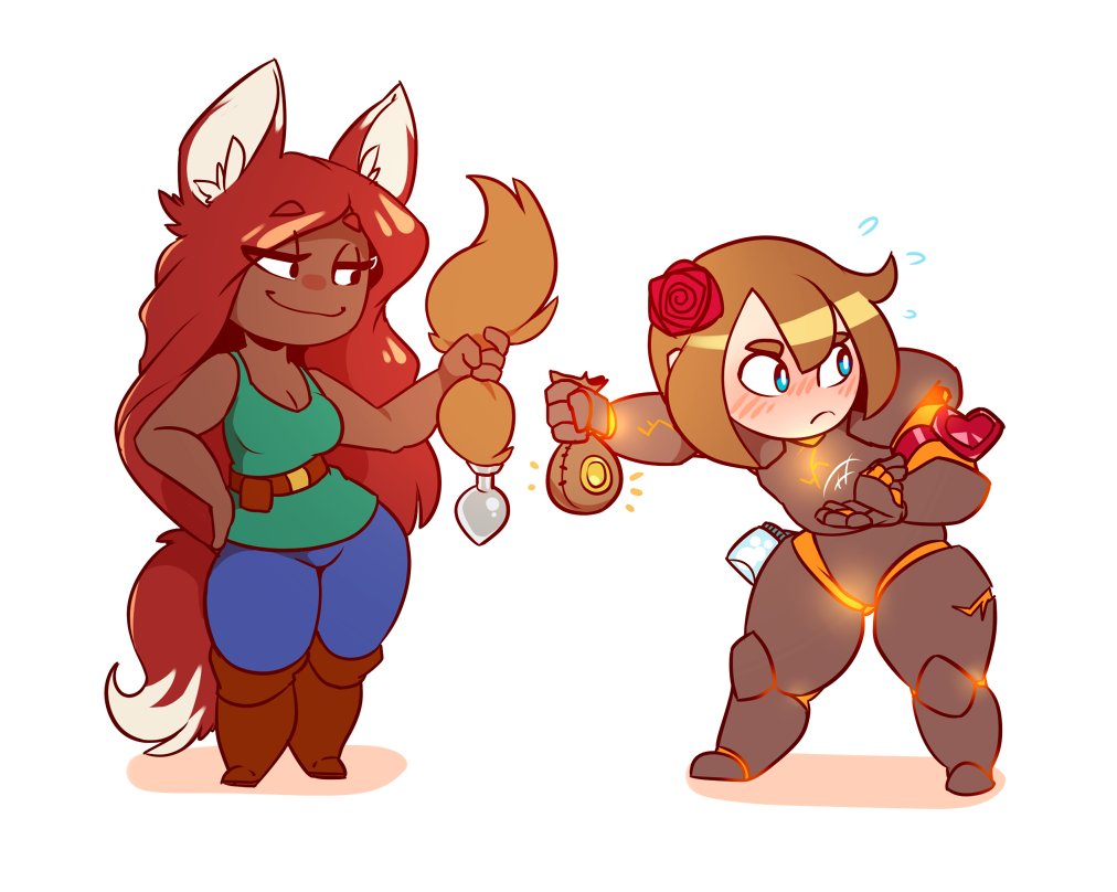 huffslove, zoologist (terraria), terraria, 2girls, anal beads, anal tail, animal ears, armor, blue pants, blush, breasts, butt plug, cleavage, dark-skinned female, dark skin, fake tail, fox ears, fox tail, full armor, green hair, long hair, medium breasts, money bag, multiple girls, pants, player character (terraria), red hair, short hair, simple background, smug, tail, white background, wide hips