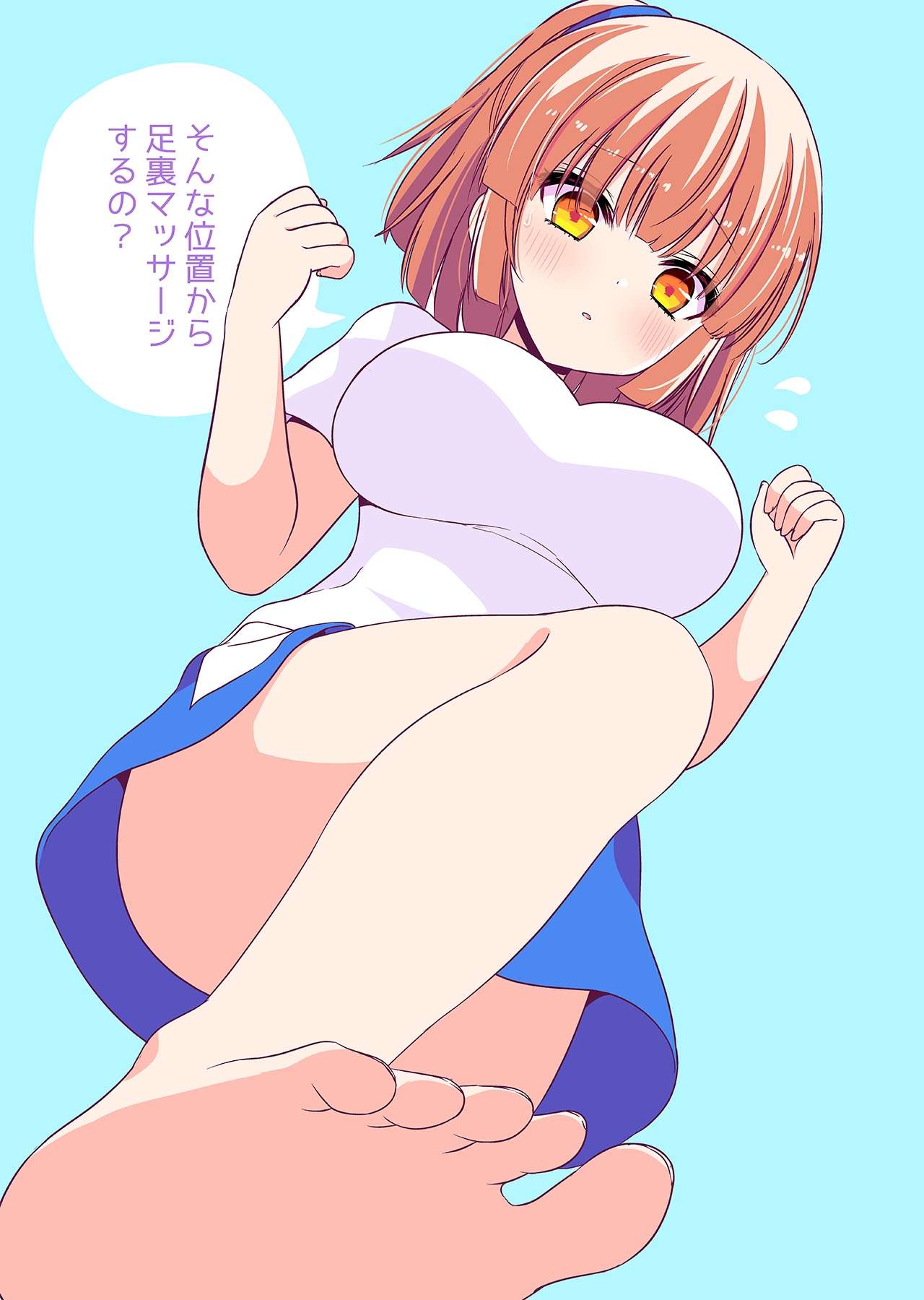 shiwasu horio, arle nadja, madou monogatari, puyopuyo, commentary request, highres, translation request, 1girl, barefoot, blue background, blue skirt, blush, breasts, brown hair, convenient censoring, flying sweatdrops, from below, hands up, large breasts, looking at viewer, looking down, orange eyes, parted lips, ponytail, shirt, short sleeves, simple background, skirt, soles, solo, standing, standing on one leg, white shirt