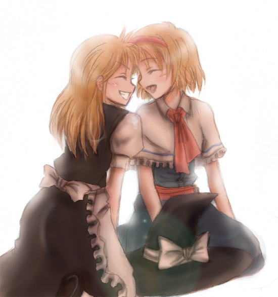 nagasawa (pixiv172331), nagasawa (tthnhk), alice margatroid, kirisame marisa, touhou, bad id, bad pixiv id, 2girls, blonde hair, blush, clenched teeth, closed eyes, female focus, hairband, happy, hat, hat ribbon, imminent kiss, kneeling, laughing, long hair, multiple girls, open mouth, ribbon, short hair, smile, teeth, unworn hat, unworn headwear, witch, witch hat, yuri