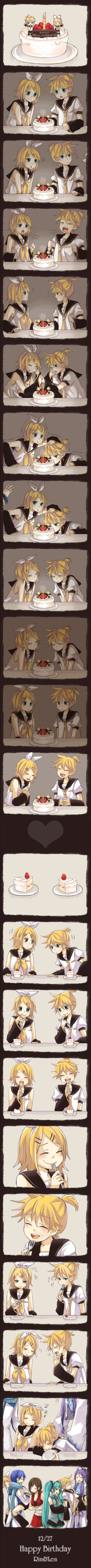 tama (songe), hatsune miku, kagamine len, kagamine rin, kaito (vocaloid), kamui gakupo, meiko (vocaloid), vocaloid, absurdres, highres, long image, tall image, translated, 3boys, 3girls, birthday, cake, food, food on face, multiple boys, multiple girls, pastry, sleeping